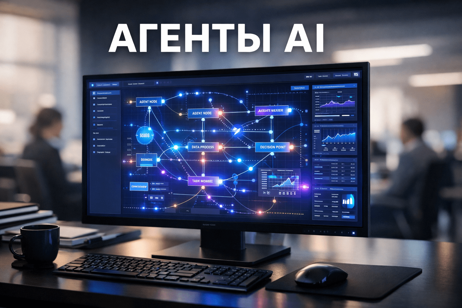 Professional AI agent interface dashboard with adaptive workflow visualization and Russian text overlay showing corporate intelligence platform