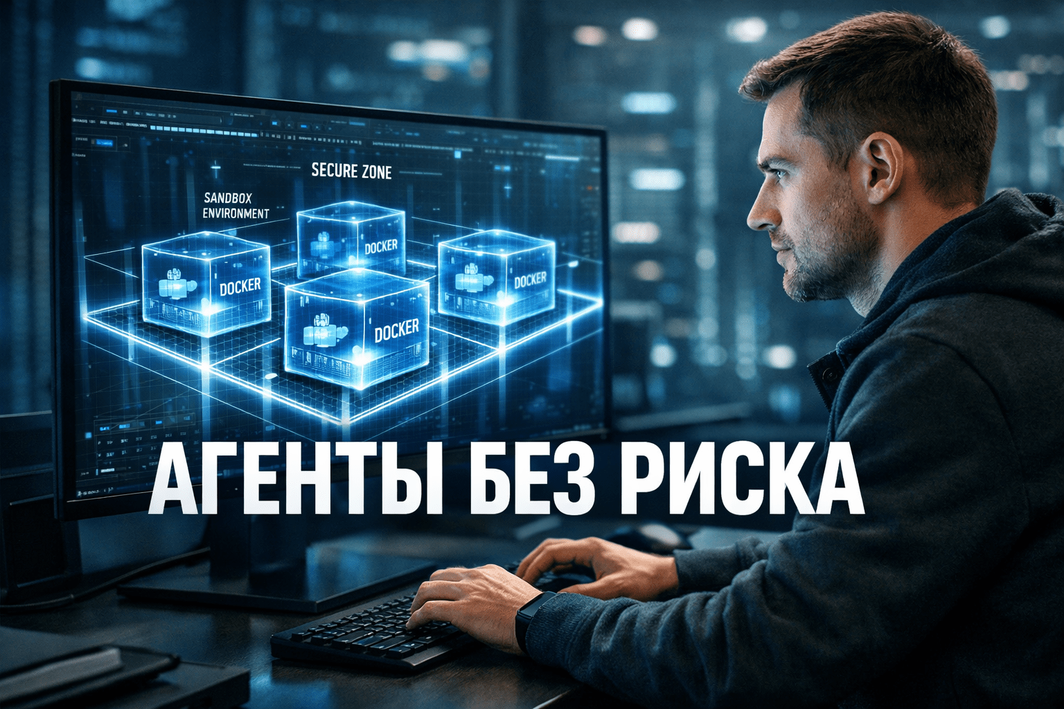 Разработчик за компьютером с интерфейсом изолированных Docker контейнеров и микро-ВМ для безопасного запуска AI-агентов