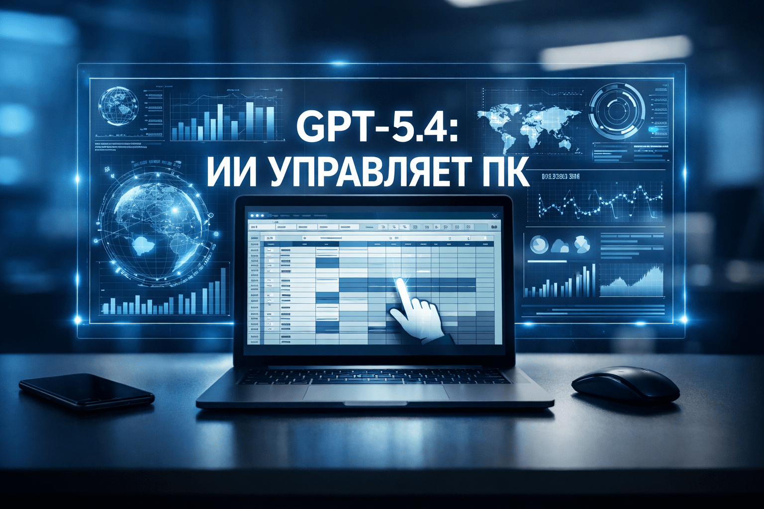 A professional editorial image showing a futuristic AI interface controlling a computer with Russian text GPT-5.4: AI controls PC.