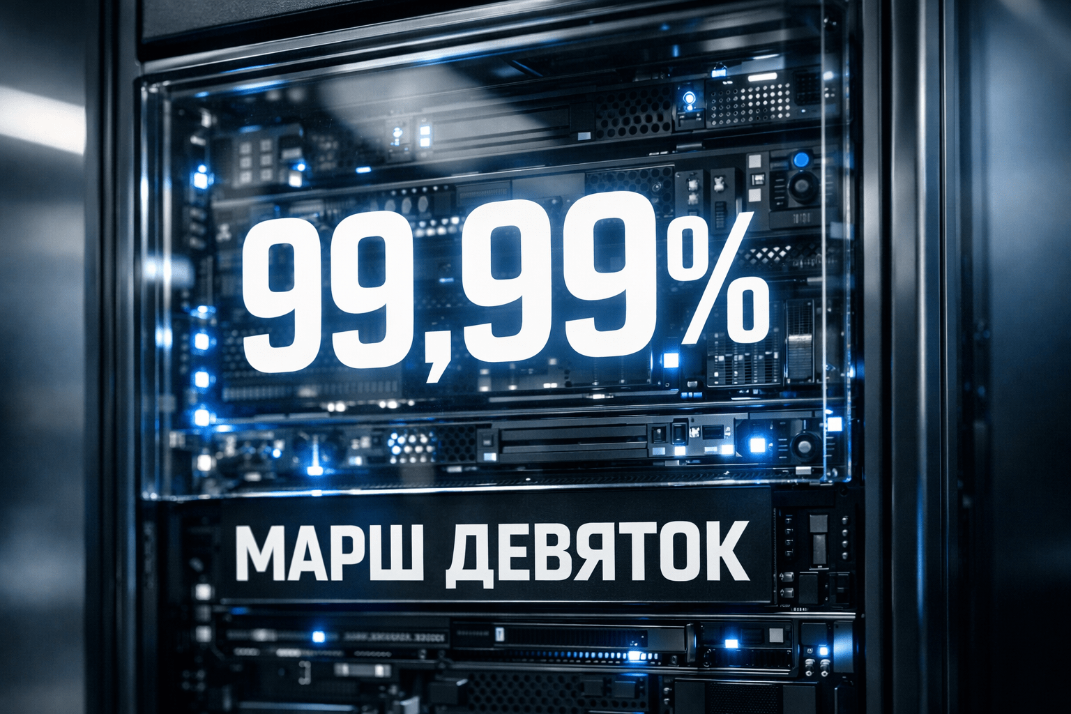 Photorealistic AI hardware with 99.99 percent reliability display and Russian text 'Марш девяток'