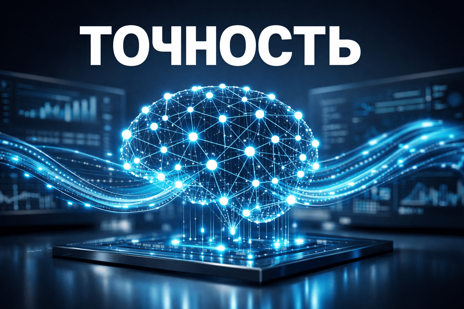Professional editorial product photo showcasing an advanced AI neural network interface with glowing blue interconnected nodes, professional lighting, and 'ТОЧНОСТЬ' (Accuracy) text overlay, representing OpenAI GPT-5.3 Instant's improved accuracy and reduced hallucinations