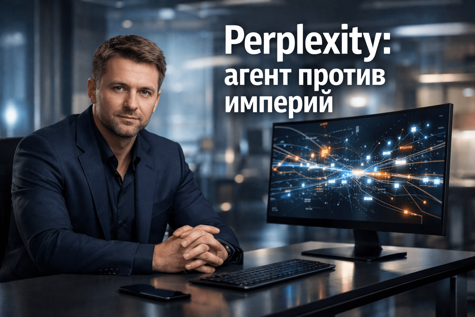 Молодой руководитель за современным рабочим столом с экраном, отображающим сетевые данные, на фоне технологичного офиса с мягким голубым светом и белым заголовком на экране