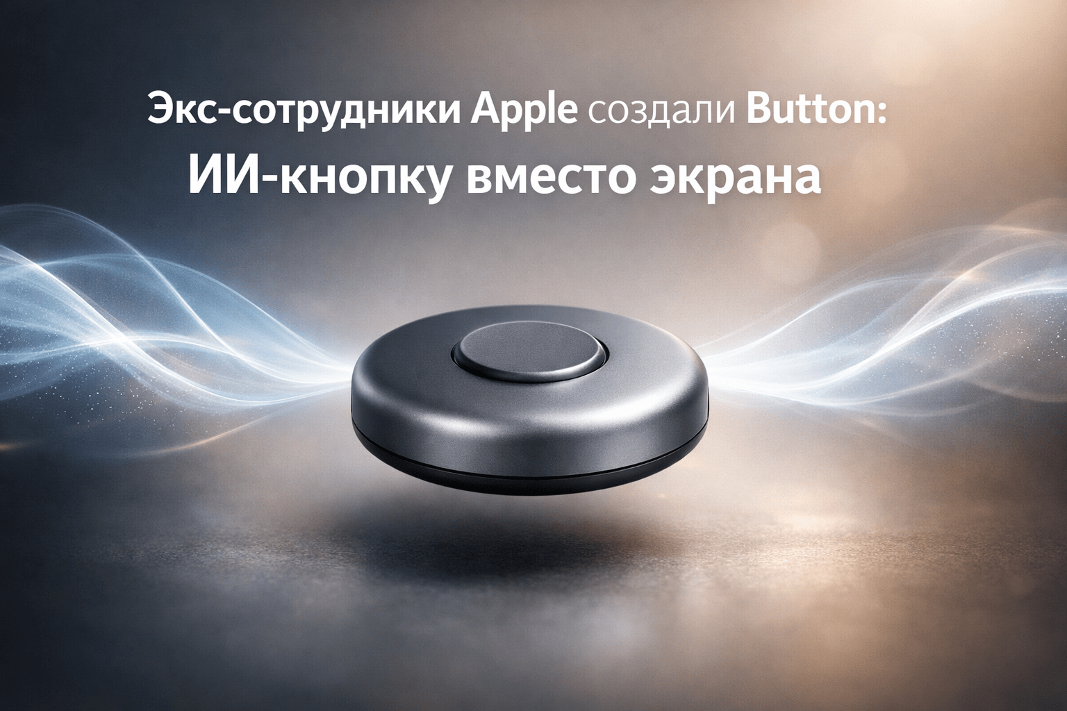 Минималистичное устройство Button на фоне голосовых волн с текстом о создании Apple-инженерами ИИ-кнопки вместо экрана