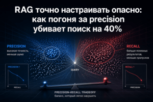 Концептуальное изображение о проблеме тонкой настройки RAG-моделей: векторное пространство с геометрическими элементами, иллюстрирующими конфликт между точностью и полнотой поиска. Заголовок статьи выделен крупным жирным шрифтом.