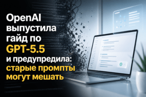Профессиональное изображение для технологического издания, визуализирующее эволюцию AI: запутанные старые инструкции слева переходят в чистый минималистичный код справа, с крупным текстом заголовка о новом гайде GPT-5.5
