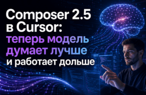 Обложка с логотипом Composer 2.5 и текстом о улучшенной нейронной сети, светящимися цифровыми потоками данных на темном фоне