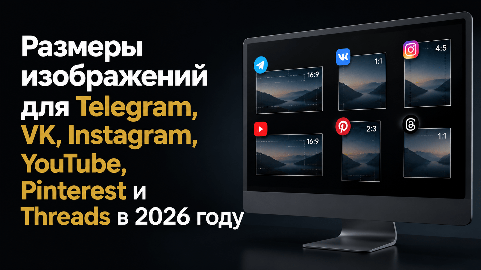 Обложка со списком соцсетей и визуальными форматами изображений для контента в 2026 году